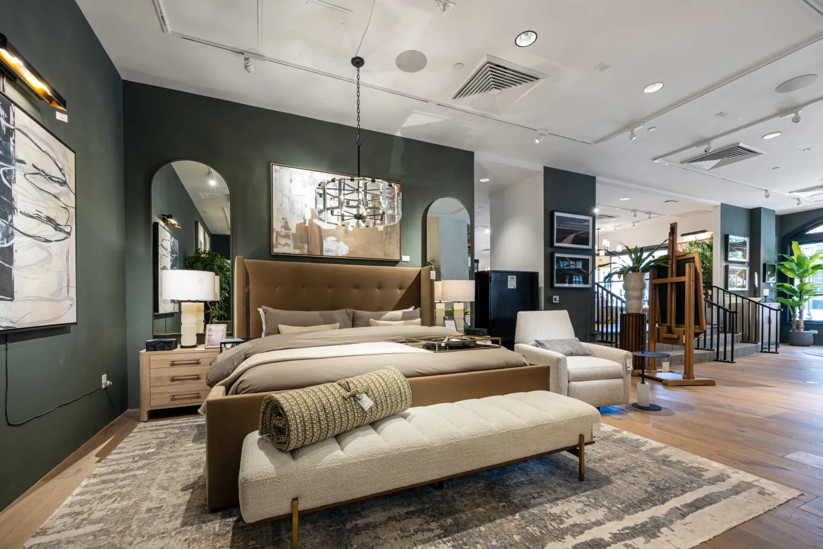 arhaus show room displaying a bedroom with furniture