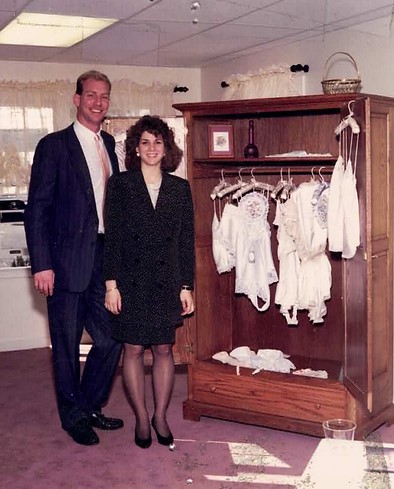 Karen Thompson and her husband Dave at the grand opening of her first store, Lace Silhouettes Lingerie, at the bridal salon in Fountainville, PA.