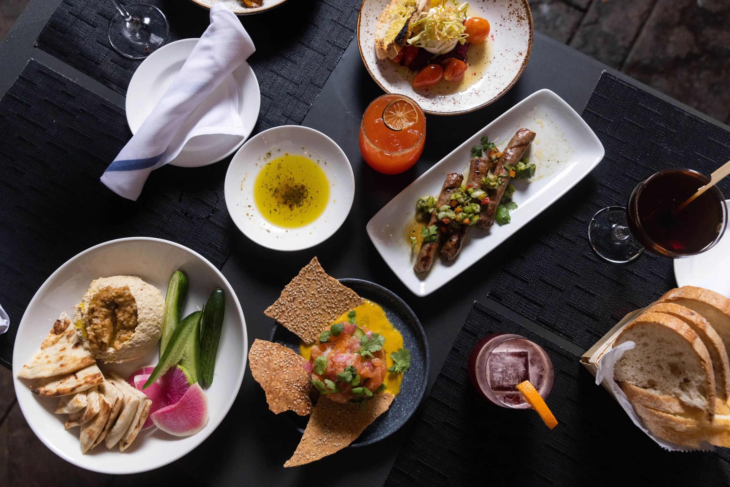 A healthy platter of hummus and warm pita is available at Mediterra Restaurant and Taverna in Princeton, NJ
