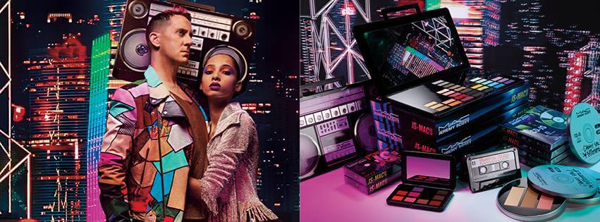 brightly colored retro photo of Jeremy Scott's new makeup line