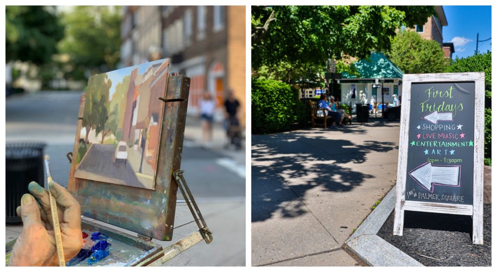 collage of (left) artist hand painting street and buildings, (right) A-frame that says First Fridays with left arrow