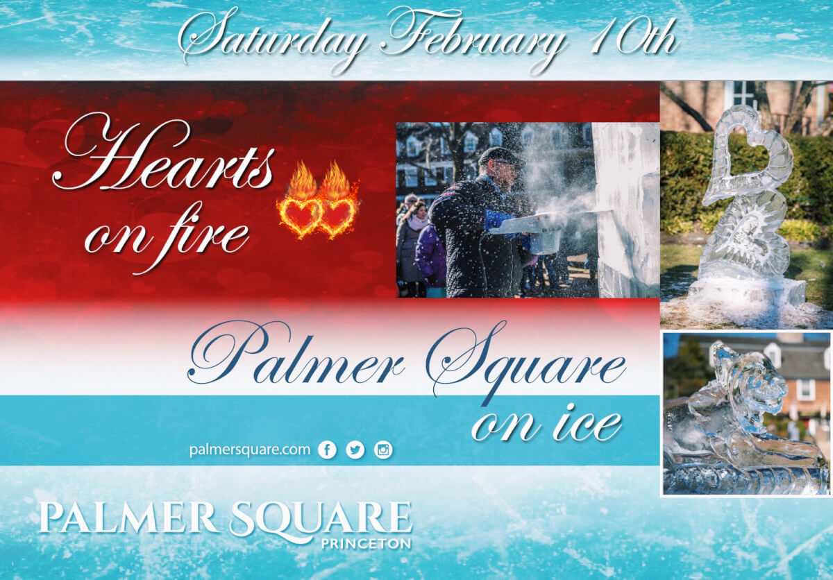 Hearts on Fire, Palmer Square on Ice event poster, ice carver using chainsaw, ice sculptures of hearts