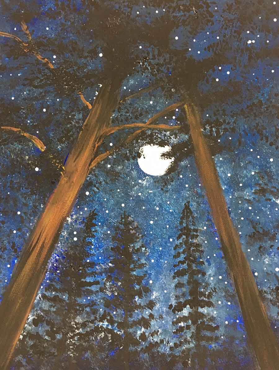 painting of moonlit sky and tall forrest trees