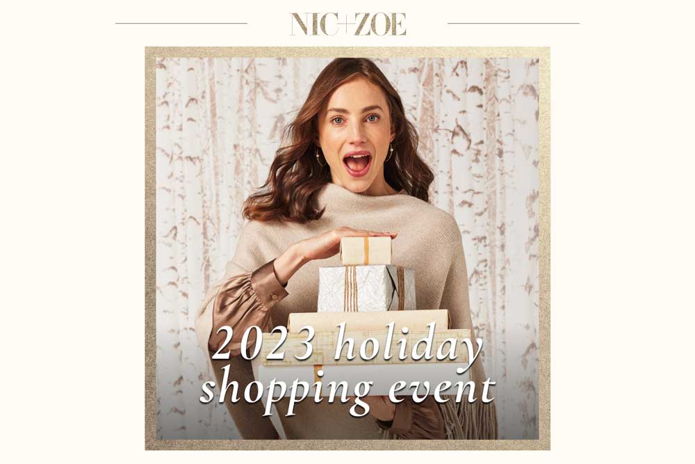 Nic+Zoe holiday shopping event. Woman holding gifts.