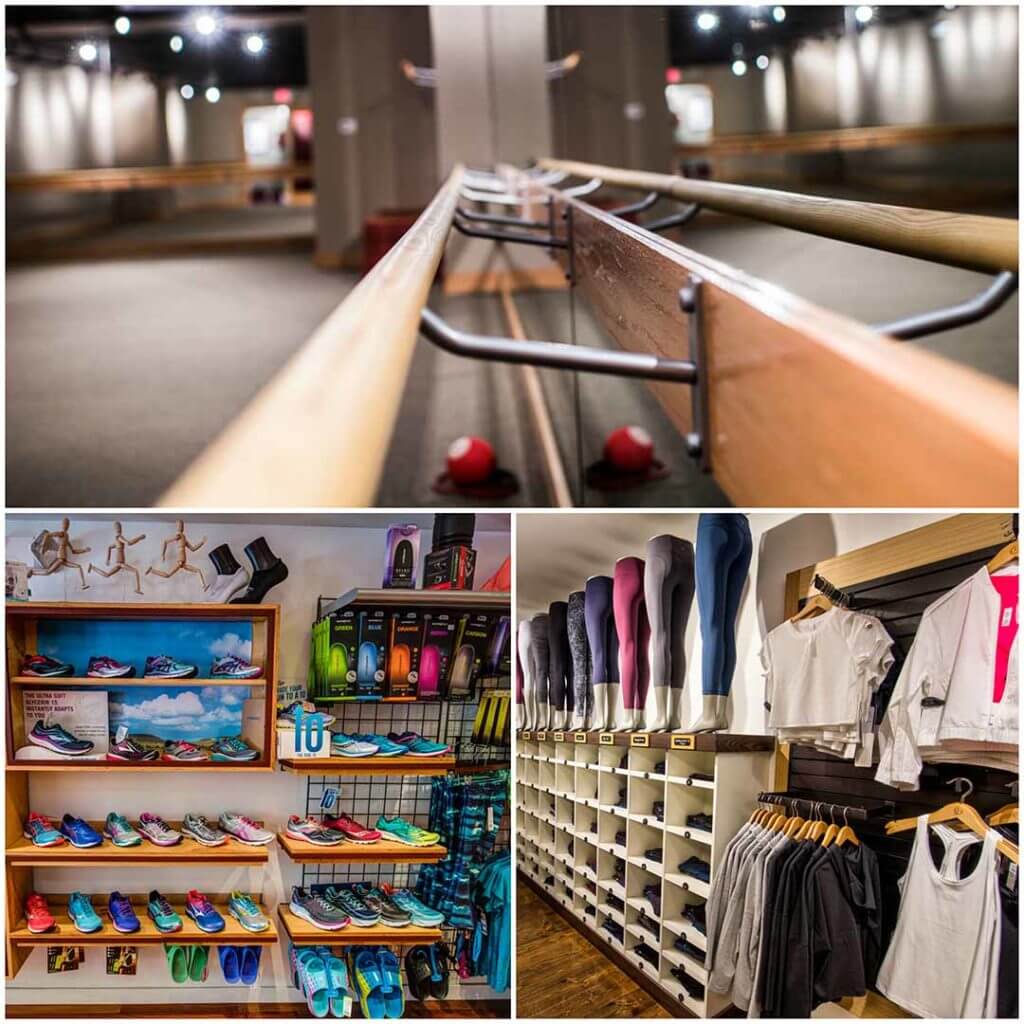 collage of Pure Barre studio, sneakers at Pacers Run Club, athleisure at lululemon