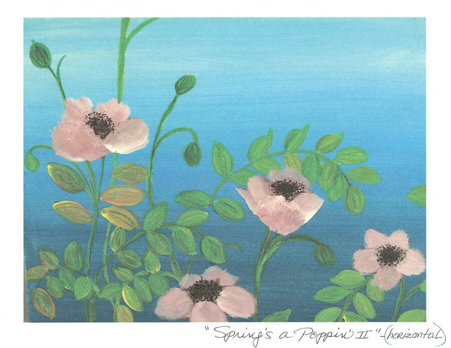 painting of spring flowers infront of a blue hued sky