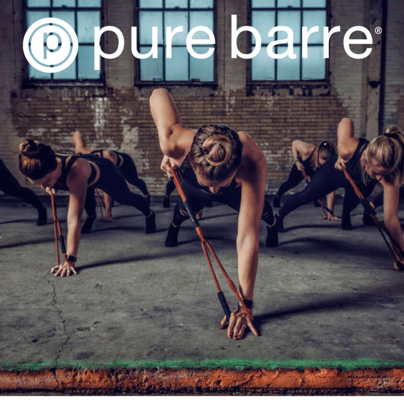 three women working out, pure barre logo
