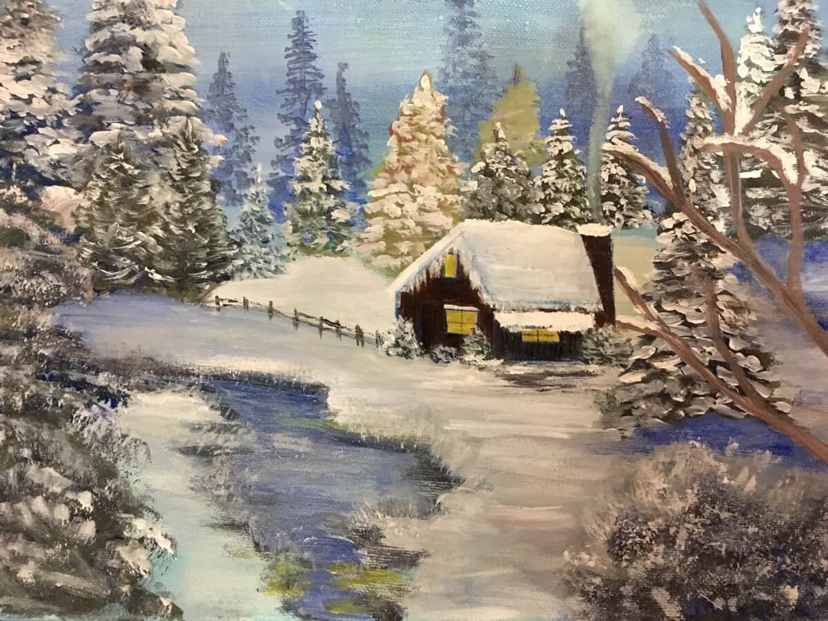 painted winter scene of small cottage in snow forrest