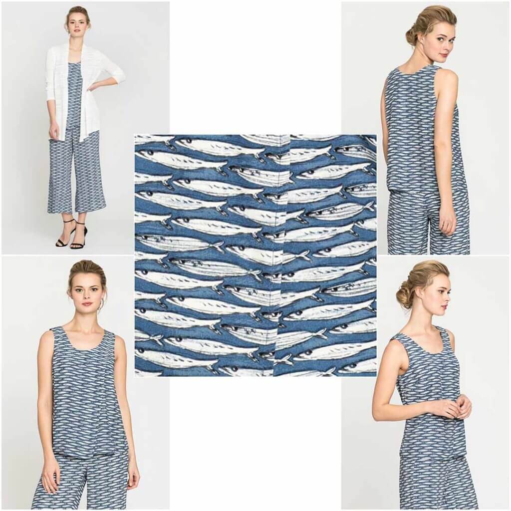 collage of fish patterned outfit