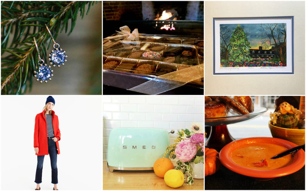 collage of photos, close up of blue earrings hanging off tree branch, box of chocolates in front of a fire place, painting of The Green at Palmer Square, model in jeans and red jacket, smeg toaster, princeton soup and sandwich bowl of soup
