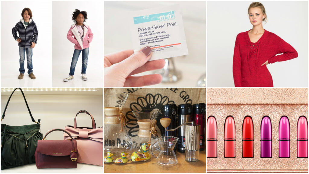 collage, children modeling winter clothing, skincare facial mask, model in red sweater, 3 MIchael Kohrs purses, coffee makers, lipsticks