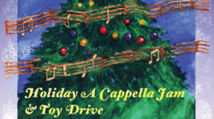 Holiday A cappella Jam and Toy Drive event poster with Christmas tree and surrounding music notes