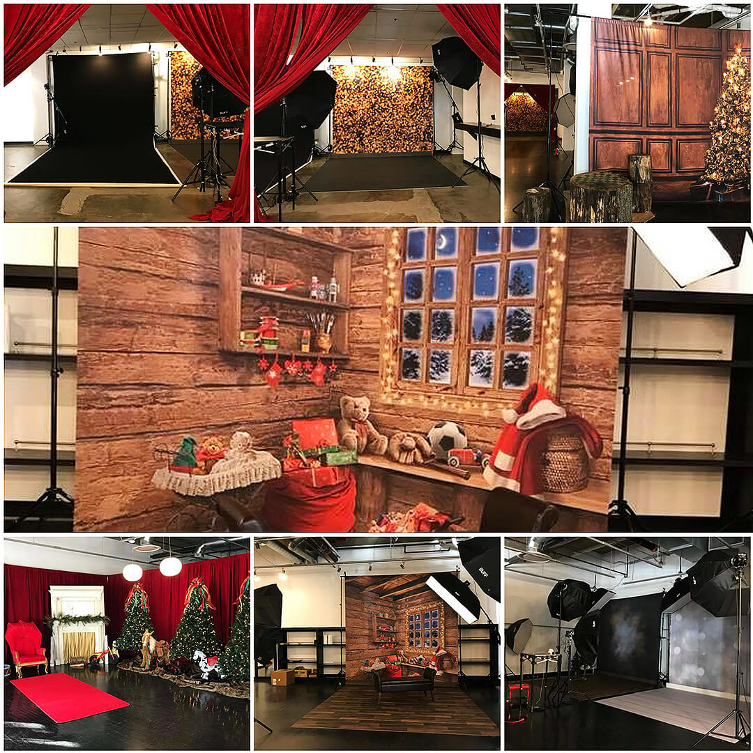 collage of staged photography area for pictures with santa