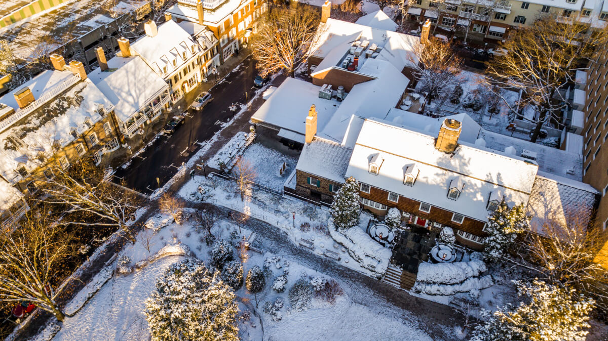 aeriel view, the Green and Nassau Inn during the Winter, snow covered